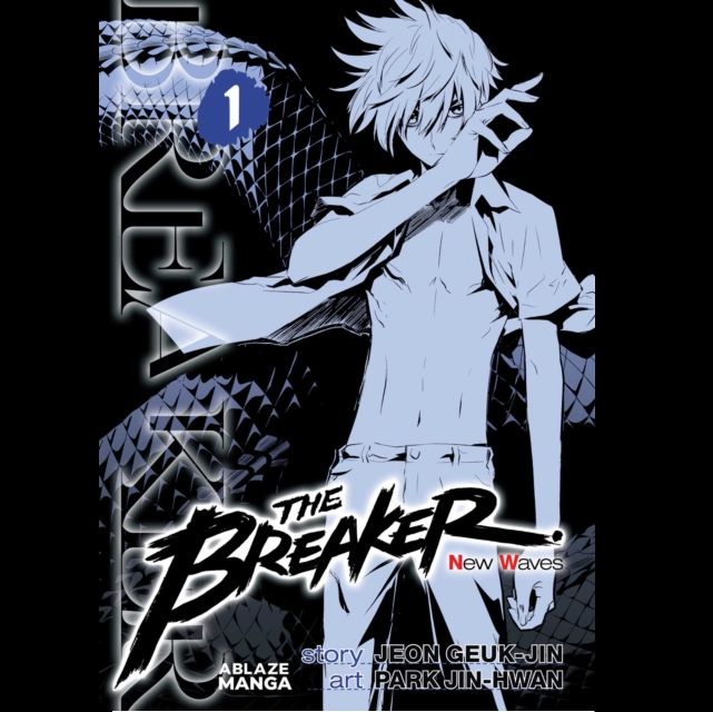 Front cover of the manga volume 'The Breaker! New Waves' volume 1, featuring a monochrome illustration of a spiky-haired male character against a black background with a snake and stylized title text. The Breaker New Waves Omnibus Volume 1 paperback by Jin-Hwan Park Manga / Manhwa