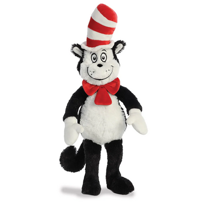 Plush toy resembling a character from a children's book with a red and white striped hat on a white background. The Cat in the Hat plush soft toy 20 inch Dr Seuss character