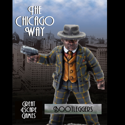 The Chicago Way Bootleggers Miniatures. Boxed set with 7 unpainted 28mm metal figures, rules leaflet, and action cards. Perfect for skirmish wargaming