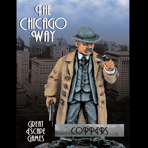 The Chicago Way Coppers. The box features artwork of 1920s Birmingham, showcasing Coppers in dark uniforms with truncheons and firearms, capturing the essence of urban crime-fighting in the game.