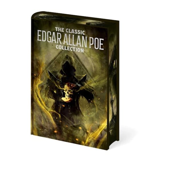 A boxed book collection titled 'The Classic Edgar Allan Poe Collection' shown at a slight angle on a white background. The cover art features a dark hooded figure with a glowing skull and yellow-green misty effects. The Classic Edgar Allan Poe Collection Arcturus Pulp Classics hardback with printed page edges