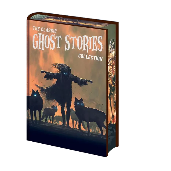 A hardcover book titled "The Classic Ghost Stories Collection" shown at a slight angle on a plain white background. The cover art features a dark ghostly figure with glowing blue eyes surrounded by black dogs against an orange sky. The Classic Ghost Stories Collection Hardback with Printed Edges