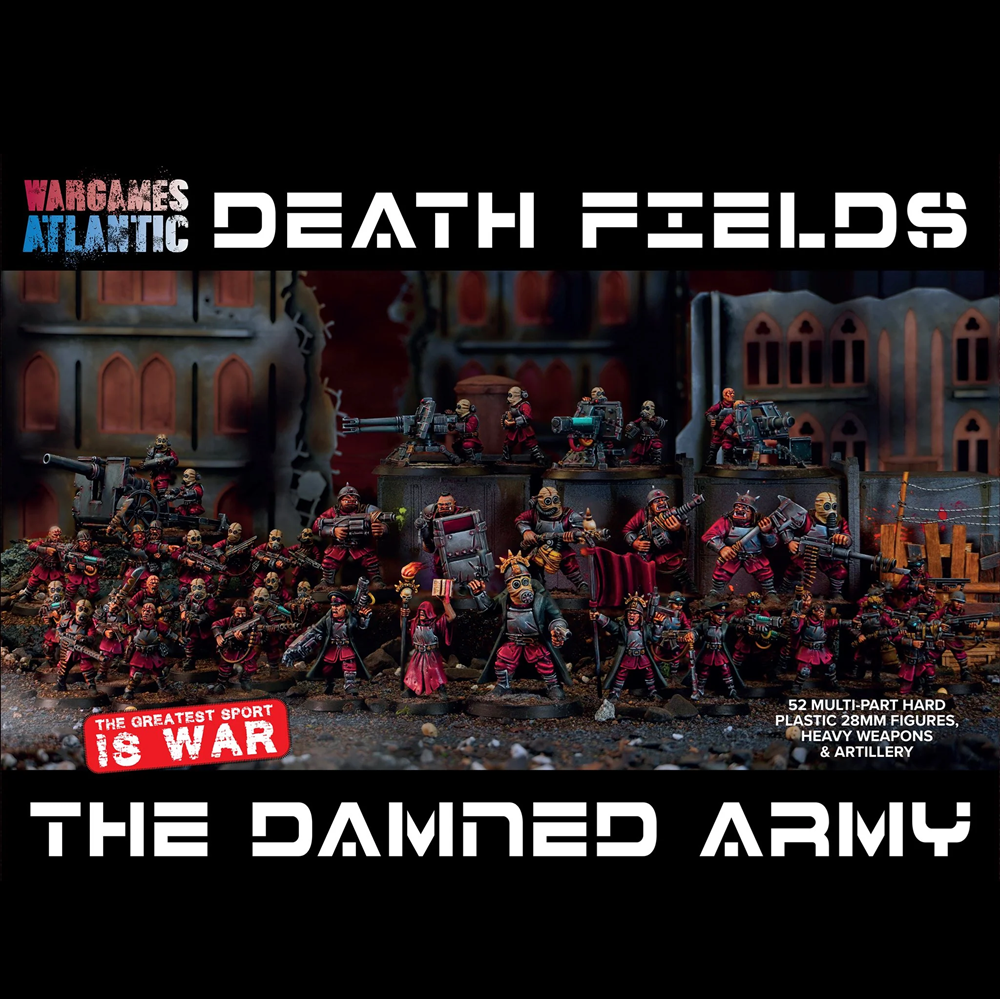 Box art cover for 'Vargames Atlantic Death Fields: The Damned Army', showing a large group of painted miniature wargaming figures in red and black armour in a ruined city setting. The Damned Army - Wargames Atlantic
