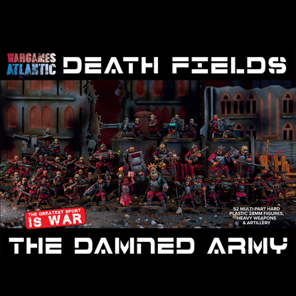 Box art cover for 'Vargames Atlantic Death Fields: The Damned Army', showing a large group of painted miniature wargaming figures in red and black armour in a ruined city setting. The Damned Army - Wargames Atlantic