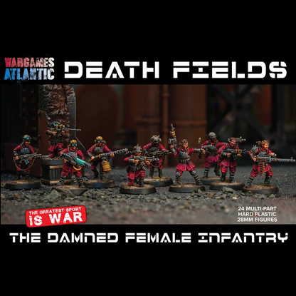 Promotional graphic for WarGames Atlantic's 'Death Fields' 23mm figure set, titled 'The Damned Female Infantry'. The image shows a group of painted miniatures in red and black uniforms with yellow accents, standing on a rocky battlefield terrain. The Damned Female Infantry - Death Fields Wargames Atlantic