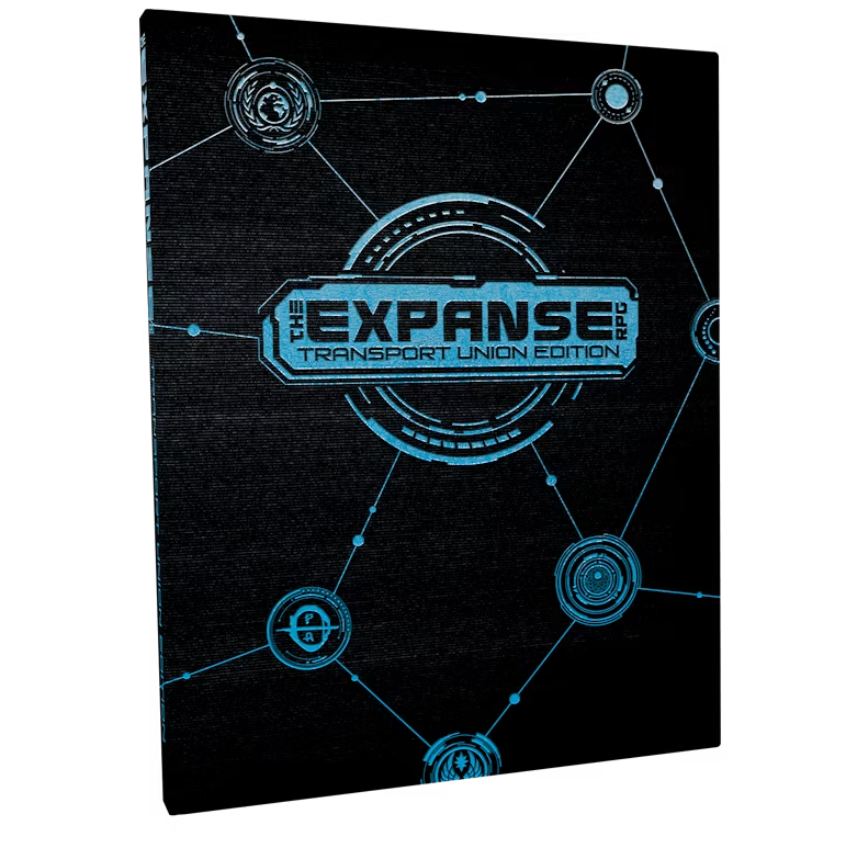A rectangular black box or book-style package with a futuristic blue tech-style graphic and the title 'THE EXPANSE TRANSPORT UNION EDITION' on the front, shown at a slight angle on a white background. The Expanse RPG Transport Union Edition Special Edition