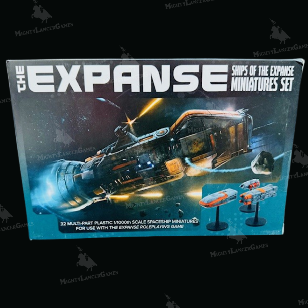 The Expanse Ships of the Expanse Miniatures Set box on a black background, showing a spaceship illustration and small model ship renderings on the front. The Expanse Ships of the Expanse Miniatures Set - RPG Minis