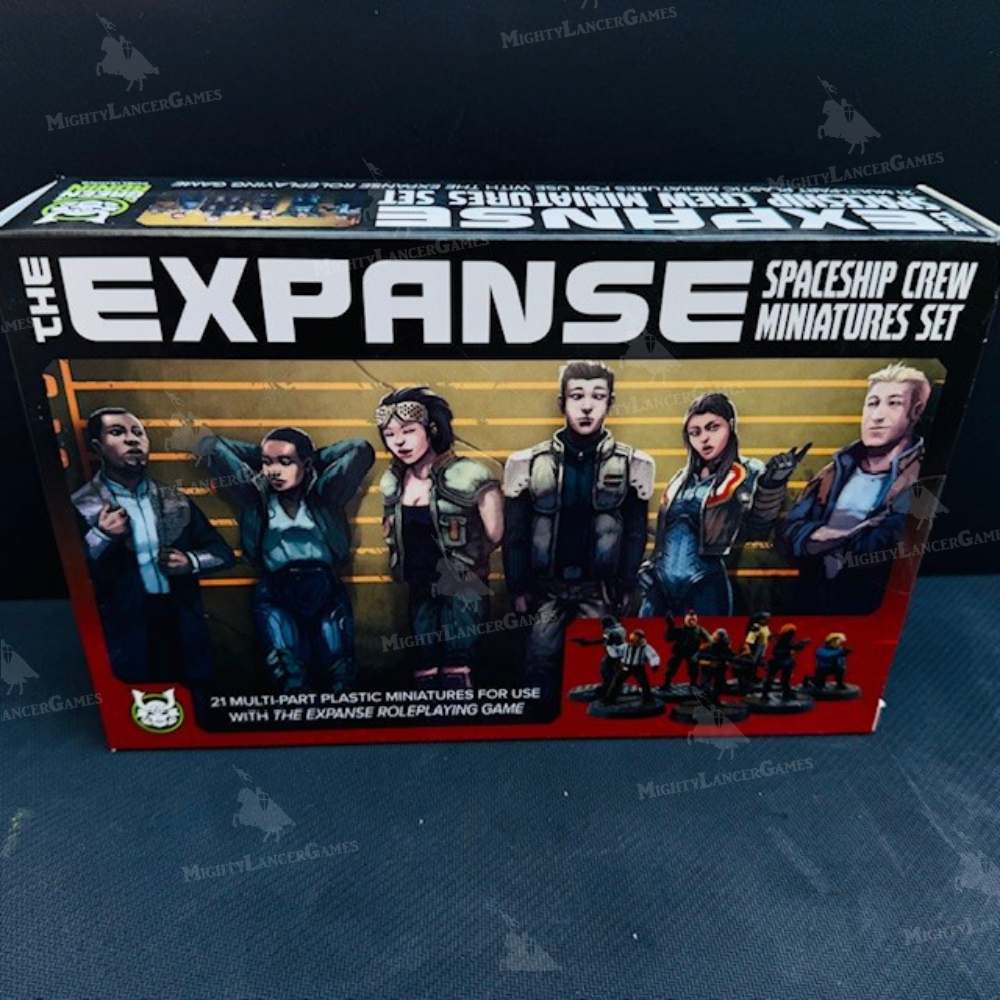 The Expanse Spaceship Crew Miniatures Set box, featuring artwork of six crew members and small plastic miniature figures, photographed on a dark textured surface. The Expanse Spaceship Crew Miniatures Set