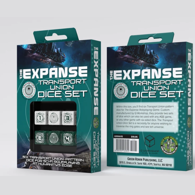 The Expanse Transport Union Dice Set box shown from the front and back, featuring a dark teal and black sci-fi design with white title text and a window displaying the dice inside. The Expanse Transport Union RPG Dice Set