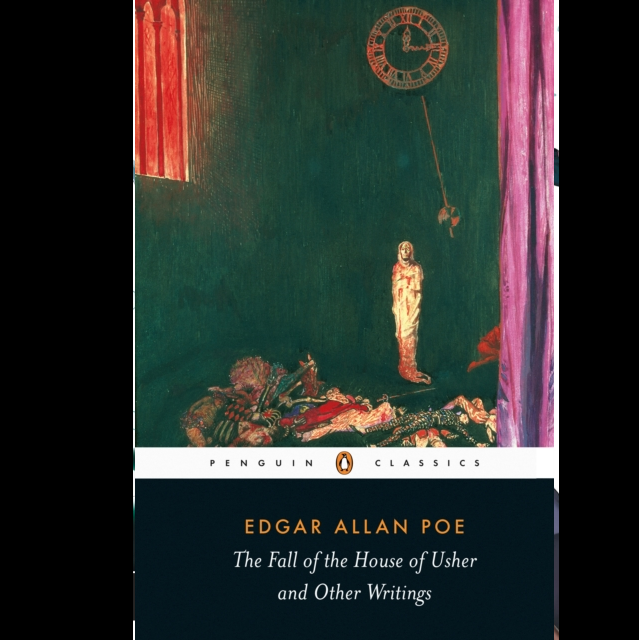 Penguin Classics edition of Edgar Allan Poe's 'The Fall of the House of Usher and Other Writings' book cover, featuring the classic dark green and black illustration with a standing figure and a large clock. The Fall of the House of Usher and Other Writings by Edgar Allan Poe Penguin Classics paperback