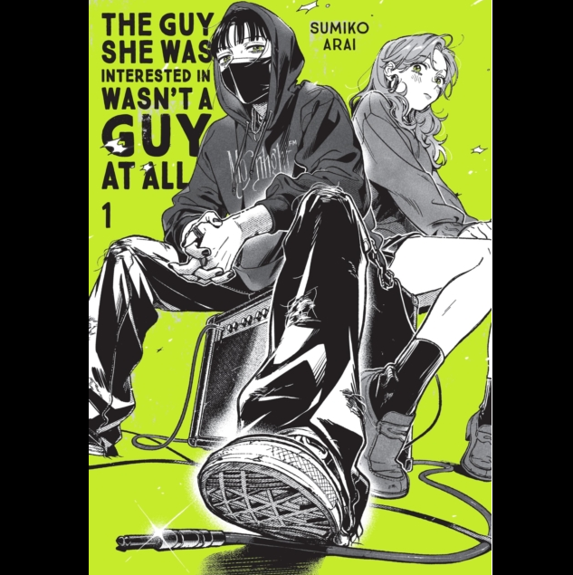 The Guy She Was Interested In Wasn't a Guy at All Vol 1. Comic book cover with two characters sitting on a green background