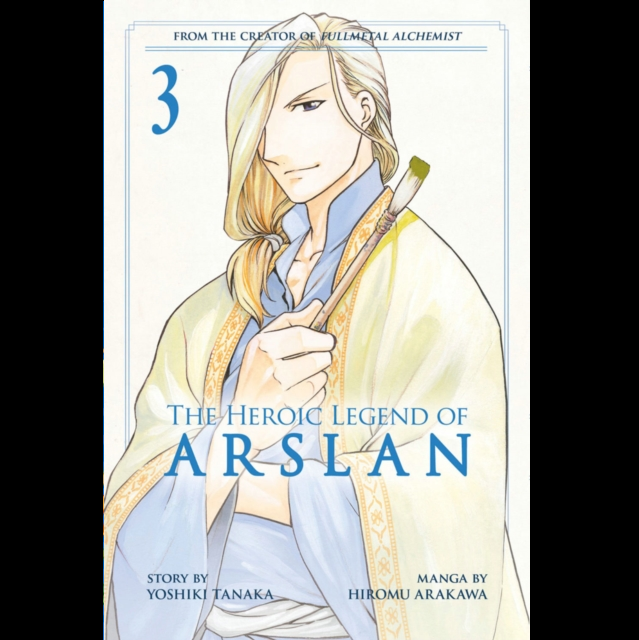 Manga volume 3 cover of 'The Heroic Legend of Arslan' featuring an illustrated blonde male character in traditional light blue and cream robes, with the title text and creator names on a white background. The Heroic Legend Of Arslan, Vol.3