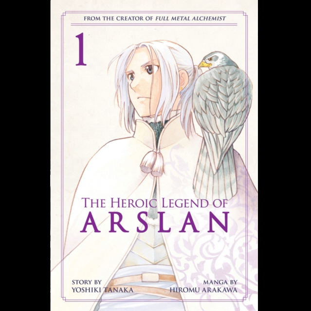 Front cover of the manga volume 'The Heroic Legend of Arslan' Volume 1, featuring an illustration of a pale-haired warrior with a bird on his shoulder against a cream background with purple text. The Heroic Legend Of Arslan, Vol.1 