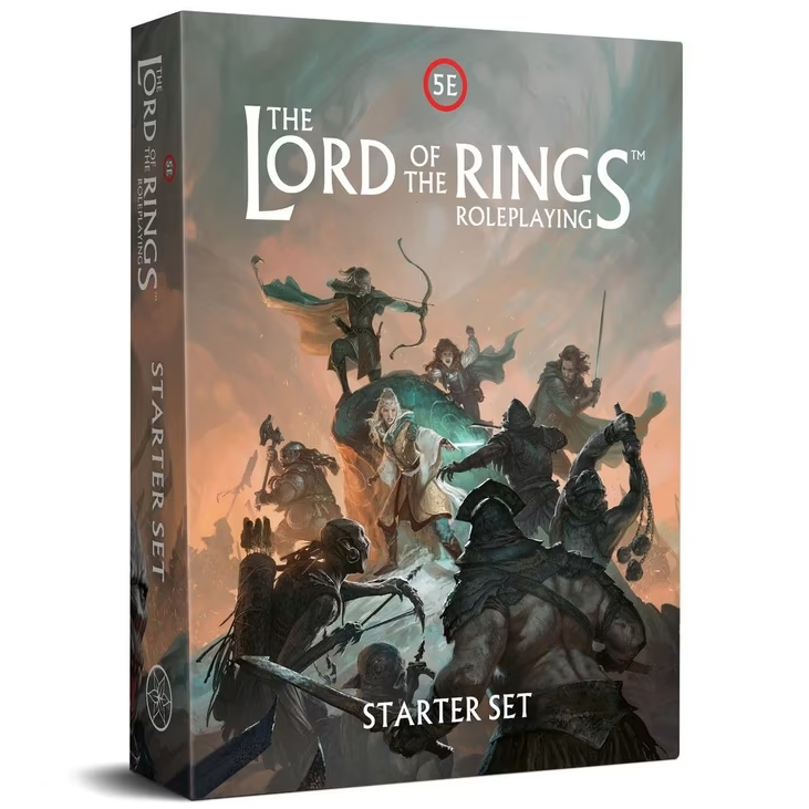 The Lord of the Rings Roleplaying 5E Starter Set box with map dice and stand up figures
