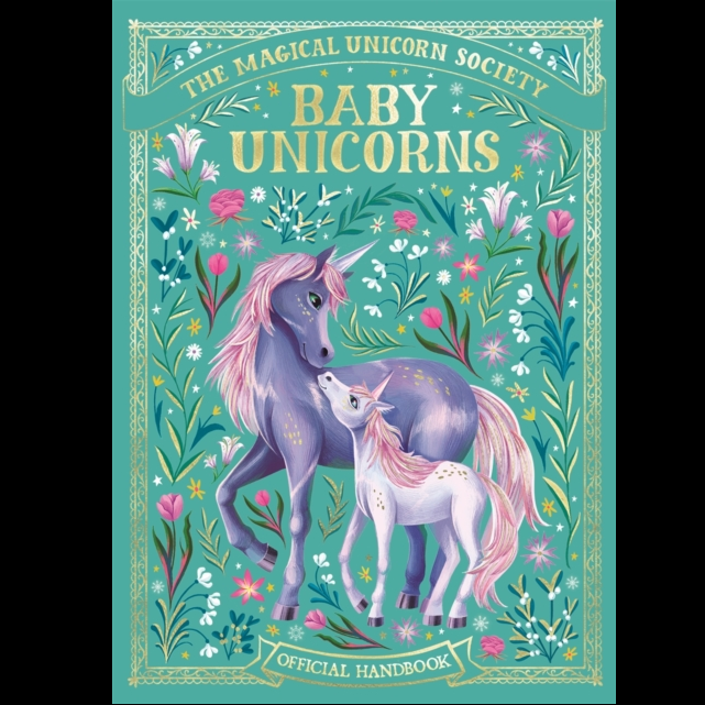 a book with soft green background cover, pink flowers and gold writing. An adult unicorn in purple and baby unicorn in light pink are the centre drawing