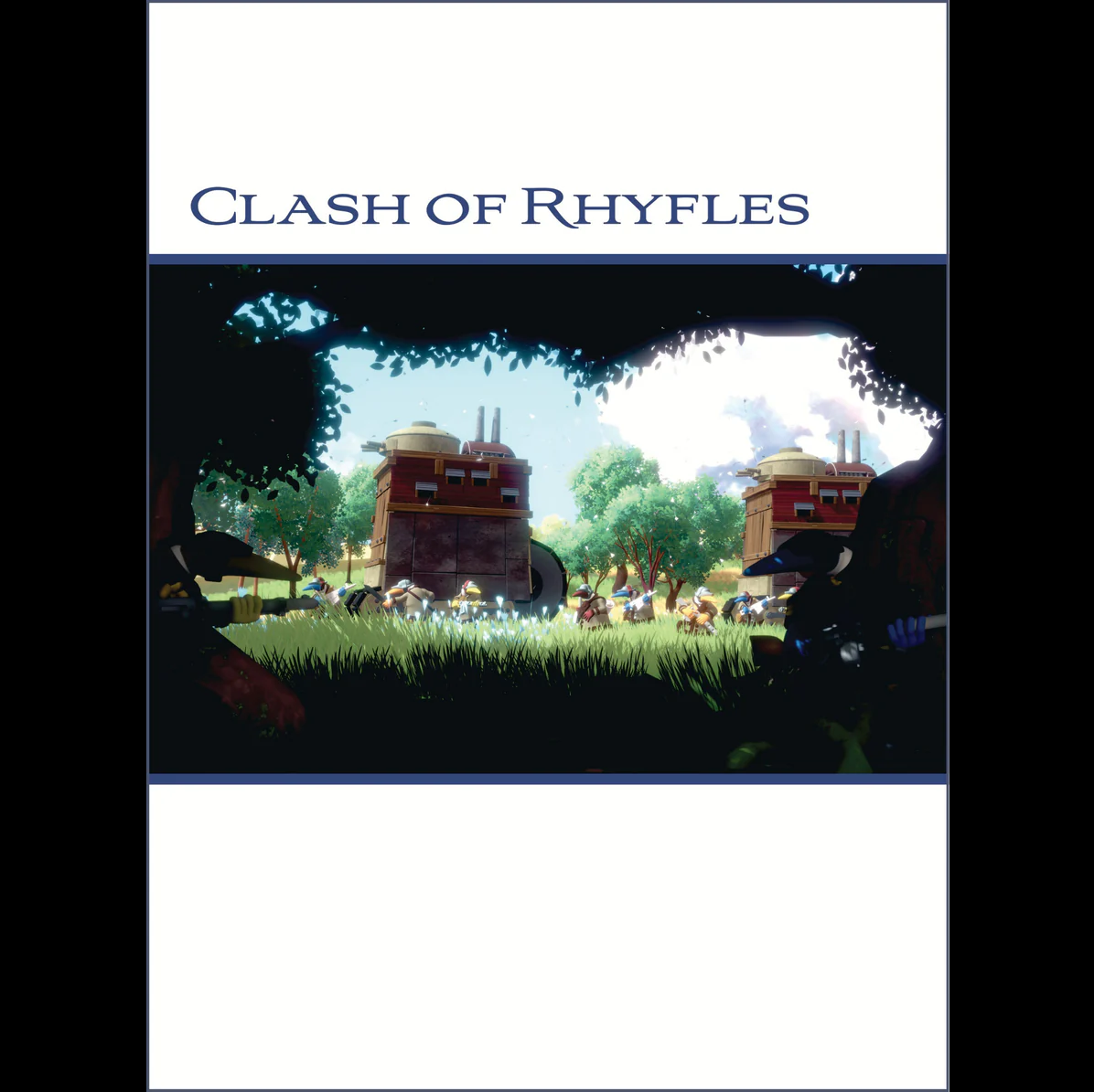 Cover of 'Clash of Rhyfles' with animated scene of two castles and people in a field. The Quar Clash of Rhyfles hardcover rulebook 144 page skirmish wargame book set in Alwyd with faction lore and missions