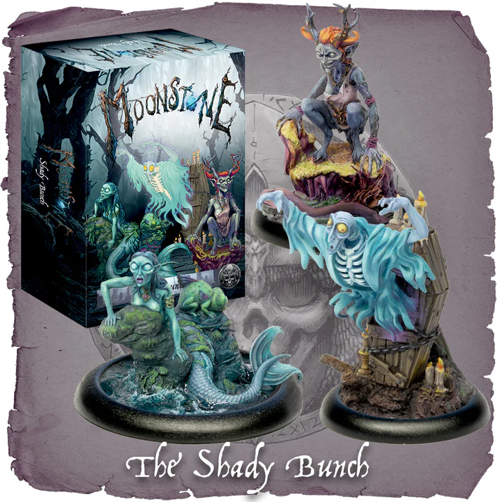 The Shady Bunch Moonstone miniatures set – mermaid on rock, faun-style creature, and ghost bursting from coffin, 32mm resin