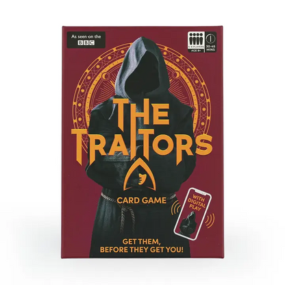 Card game box titled 'The Traitors' with a hooded figure on a red background.