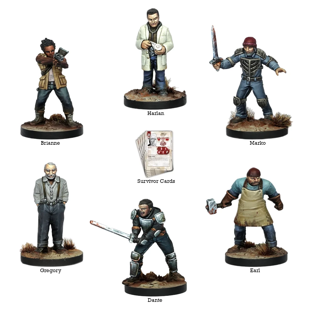 A collection of six unpainted miniatures representing key figures from the Hilltop community, showcasing diverse poses and expressions that reflect their unique roles.