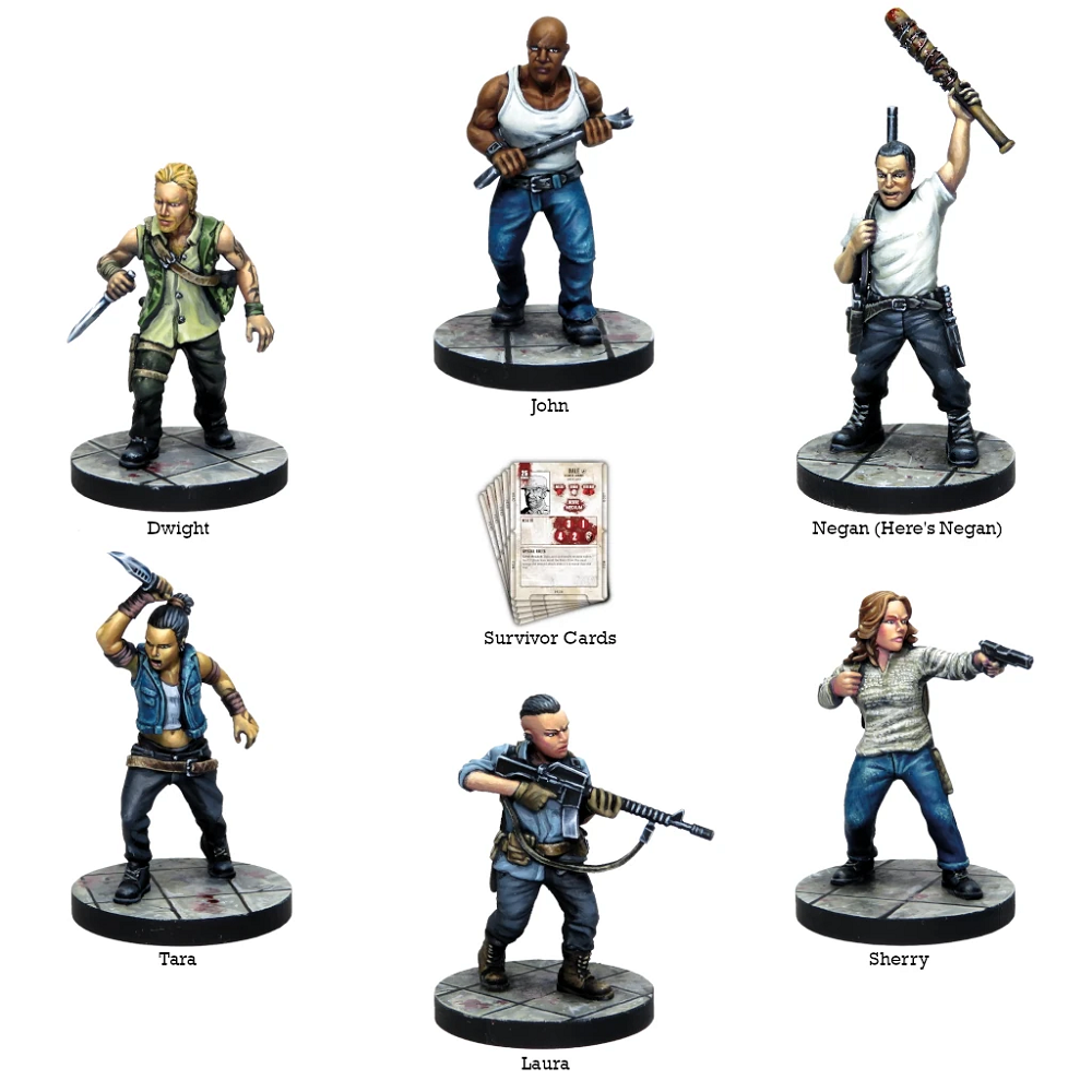 A collection of six finely detailed PVC plastic miniatures representing key members of Negan's inner circle, showcasing diverse poses and expressions that reflect their brutal roles.