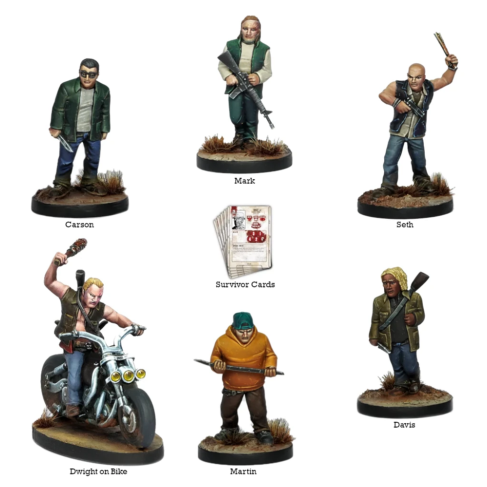 A collection of six unpainted resin miniatures representing key members of the Saviours faction, showcasing diverse poses and expressions that reflect their ruthless nature.