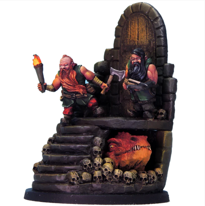 There Be Dragons by Crooked Dice, a resin miniature diorama for your tabletop games representing two male figures, only holding a torch and an axe, the other holding a crossbow ready stood at the top of steps with a door behind them. Underneath the steps a dragon pokes out its head, surrounded by skulls, waiting for these two new tasty morsels to venture further down