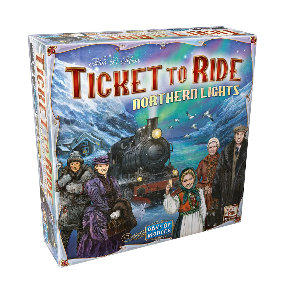 Board game box for 'Ticket to Ride: Northern Lights' with a train and people in winter clothing on a colourful background.