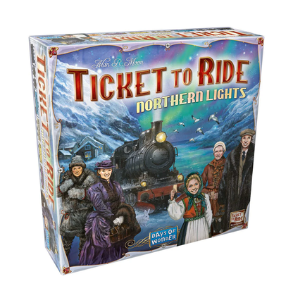 Board game box for 'Ticket to Ride: Northern Lights' with a train and people in winter clothing on a colourful background.