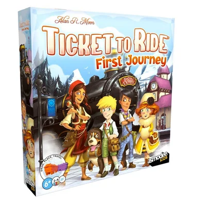Ticket to Ride: First Journey board game box by 3M Games, featuring illustrated characters, a steam train, and a snowy mountain scene on the front cover. Ticket to Ride First Journey Europe board game for 2-4 players ages 6+