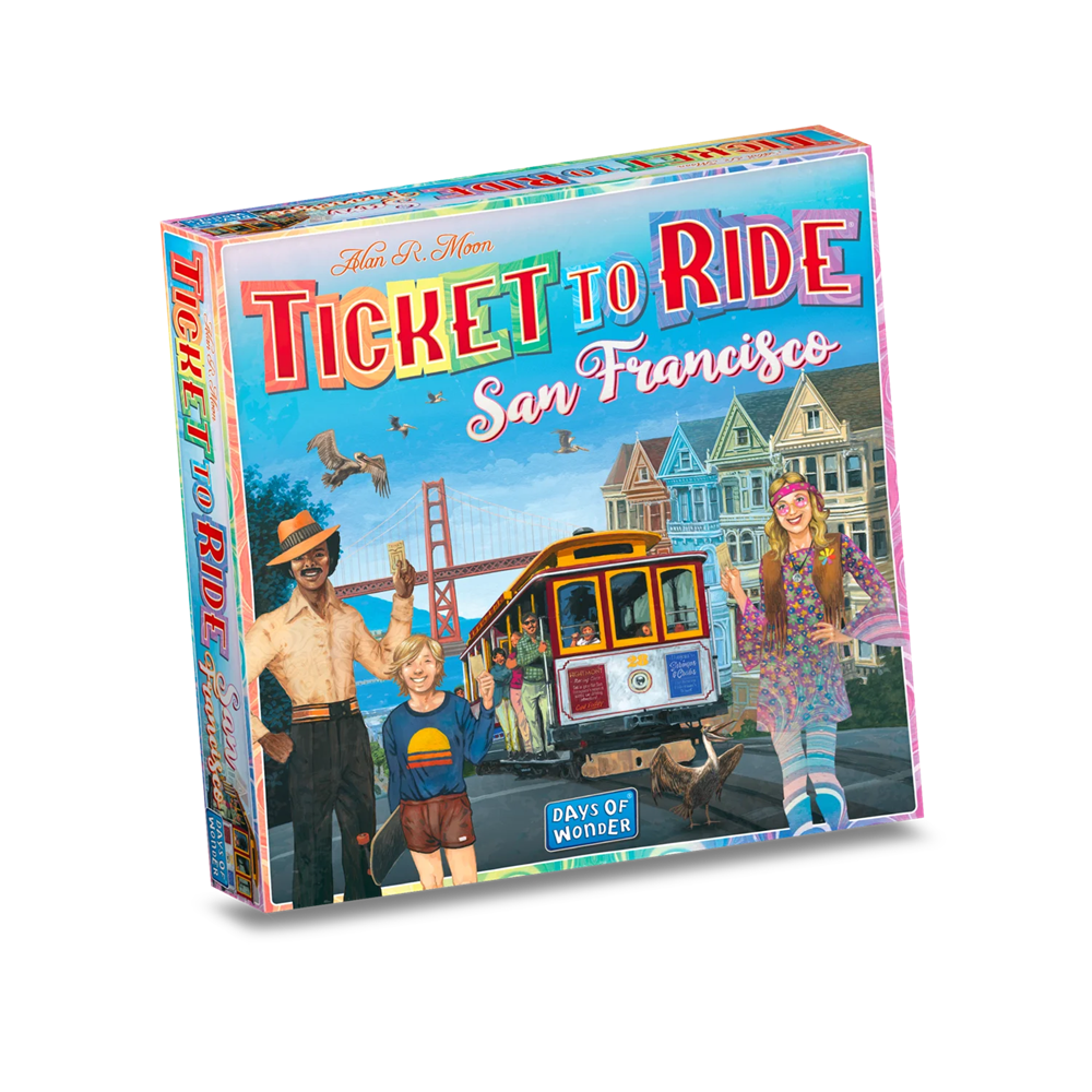 Board game box for 'Ticket to Ride San Francisco' by Days of Wonder on a white background. Ticket to Ride San Francisco. 