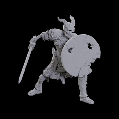 Tiefling Skeleton WizKids Dungeons & Dragons Nolzur's Marvelous Miniatures. Unpainted miniature figure of a warrior with a sword and shield on a black background