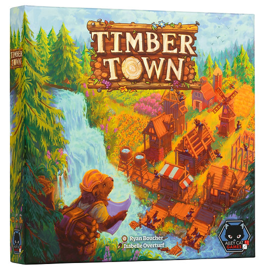 Timber Town board game box and components two player river drafting tile placement game