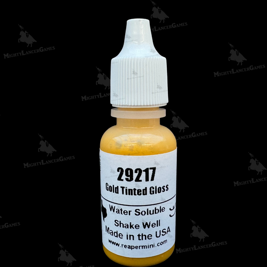 A ½ oz dropper bottle of Tinted Golden Gloss 29217 from Reaper Miniatures. Offers vibrant pigmentation, gloss finish, and smooth application