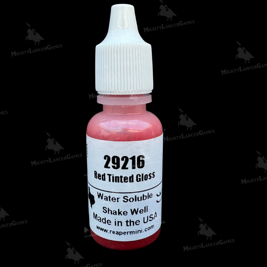 A ½ oz dropper bottle of Tinted Red Gloss 29216 from Reaper Miniatures. Features water-soluble formula, vibrant pigmentation, and a gloss finish