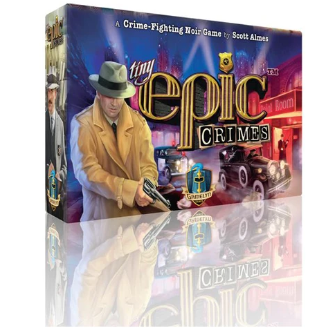 Box art for the board game 'Tiny Epic Crimes' by Scott Ames, featuring a vintage noir-themed illustration of a man in a tan trench coat and fedora holding a gun, with old cars and neon city lights in the background. Tiny Epic Crimes - Deduction Game