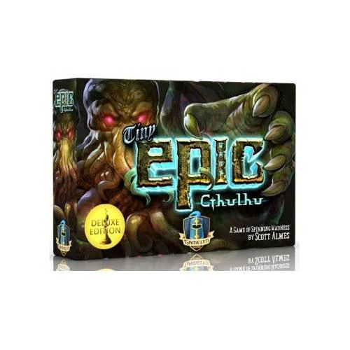 Tiny Epic Cthulhu board game box featuring a dark fantasy illustration of a monstrous creature with glowing red eyes and large clawed hands.  Tiny Epic Cthulhu Deluxe Edition