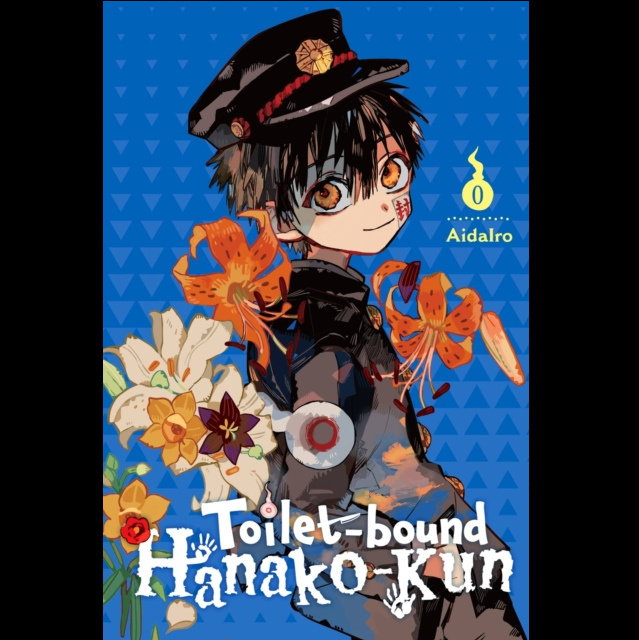 A stylized illustrated cover featuring a young anime-style character in a dark uniform and cap, surrounded by large orange and white flowers, on a bright blue patterned background. The text 'Toilet-bound Hanako-Kun' appears prominently, with a small 'Aidalo' mark near the upper right. Toilet-bound Hanako-kun, Vol. 0