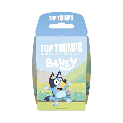 Top Trumps Bluey card game packaging, featuring the Bluey character on the front against a light grey background. Top Trumps Bluey Card Game