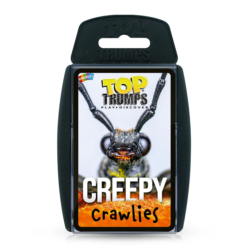 Top Trumps Creepy Crawlies card game packaging with a beetle image on a white background. Top Trumps Creepy Crawlies Card Game