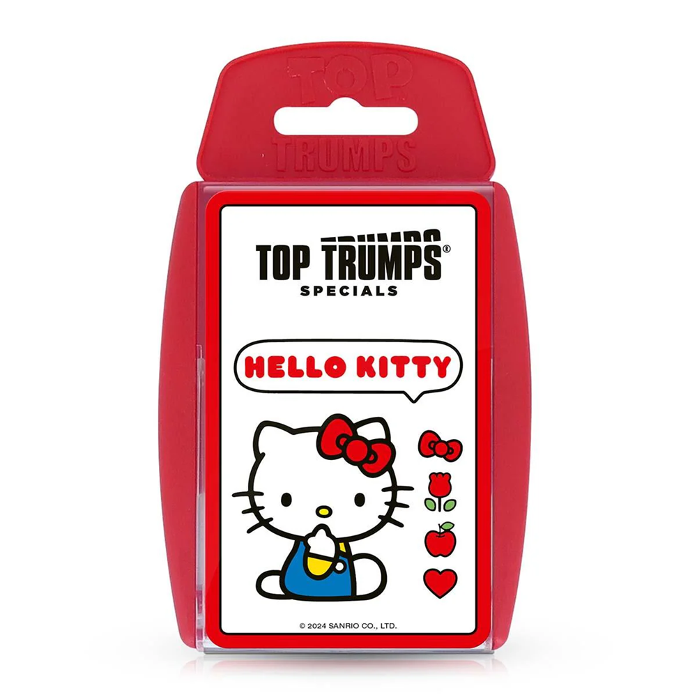 Top Trumps Specials Hello Kitty card game in its original red plastic packaging, featuring the Hello Kitty character and red apple icons on the front. Top Trumps Hello Kitty Card Game