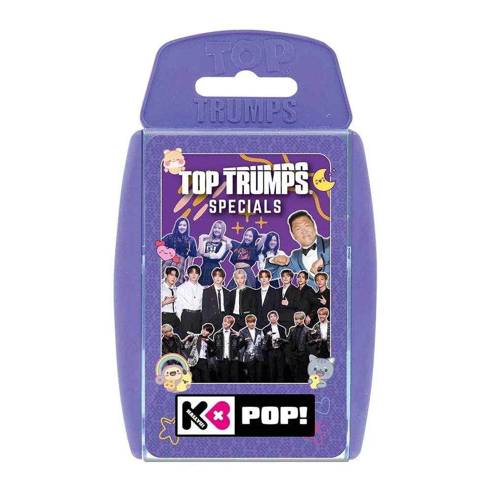 Top Trumps Specials K3 Pop! card game packaging on a white background. Top Trumps K-Pop Card Game