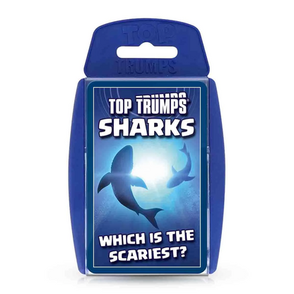 Top Trumps Sharks card game packaging featuring a blue box with shark illustrations and the text 'Top Trumps Sharks' and 'Which is the scariest?' on a white background. Top Trumps Sharks Card Game