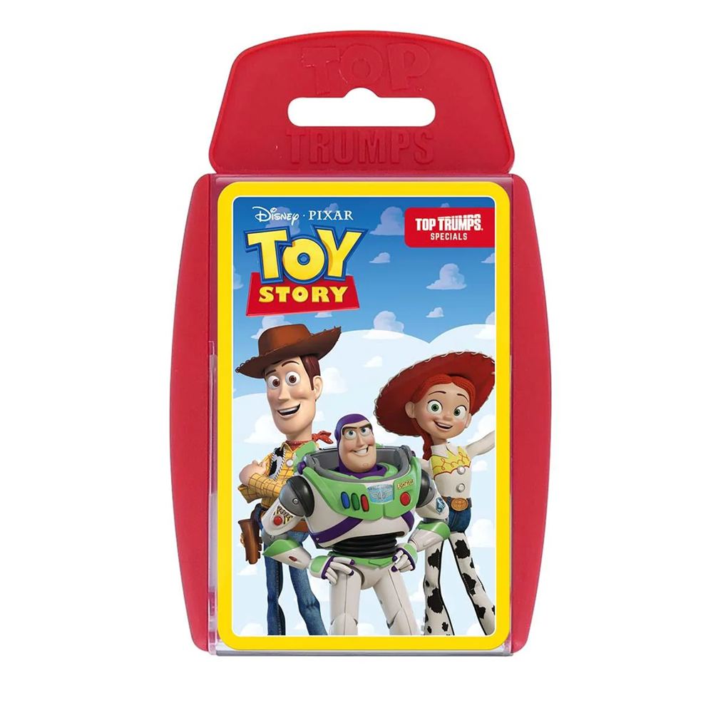 Top Trumps Special Disney Pixar Toy Story card deck in its red retail packaging, featuring Woody, Buzz Lightyear, and Jessie on the front. Top Trumps Toy Story Card Game