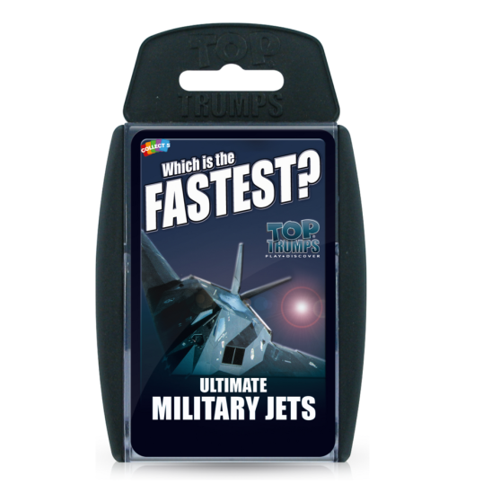 Top Trumps 'Which is the FASTEST? Ultimate Military Jets' card game in its original black plastic packaging with a clear front window and a blue graphic insert. Top Trumps Ultimate Military Jets Card Game