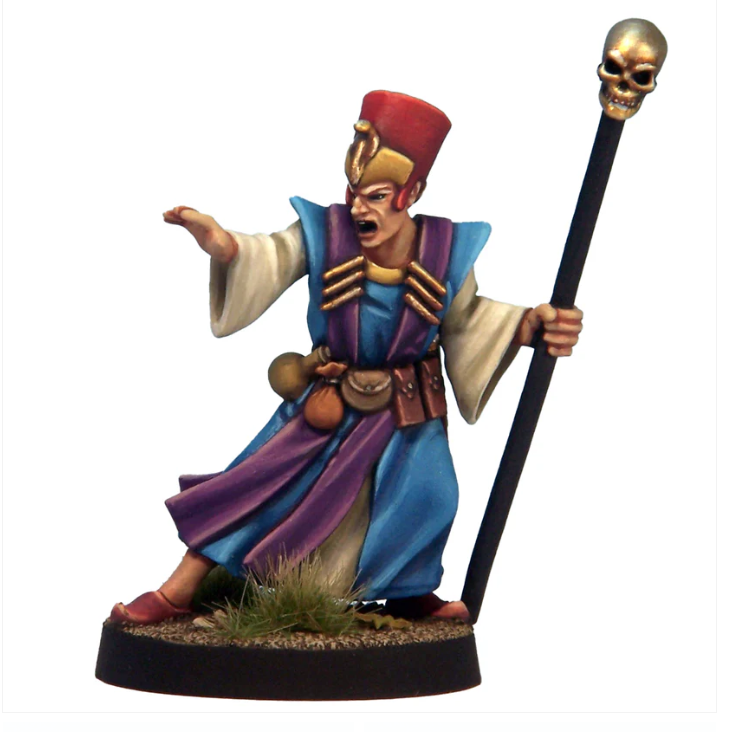 Tormented Seer miniature by Crooked Dice features a detailed white metal figure of a spellcaster holding a staff, ideal for tabletop RPGs, provided unpainted.