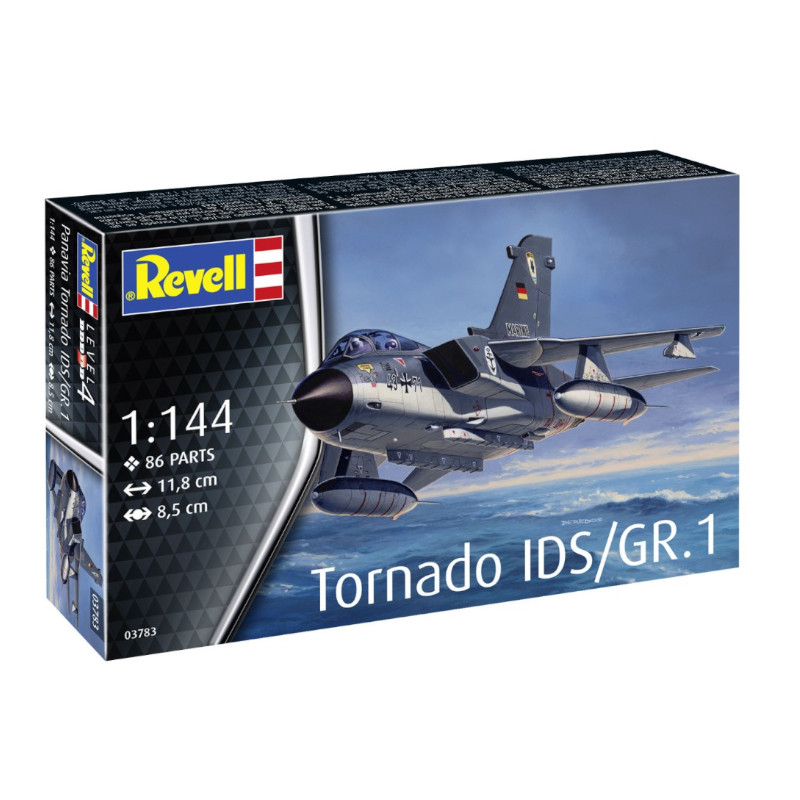 Tornado IDS/GR1 scale model by Revell (No. 03783) is a 1:144 plastic kit with 86 parts, ideal for aviation enthusiasts looking to create a detailed aircraft replica.