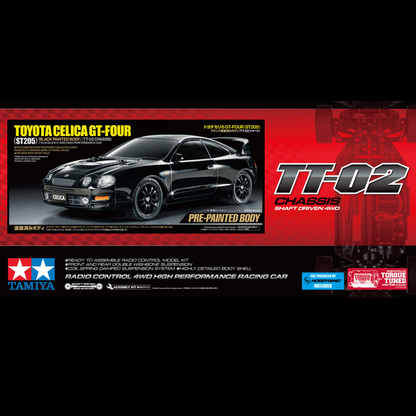 Toyota Celica GT-Four ST205 Black. A 1/10 scale R/C model with a pre-painted polycarbonate body, TT-02 chassis, and realistic racing details.
