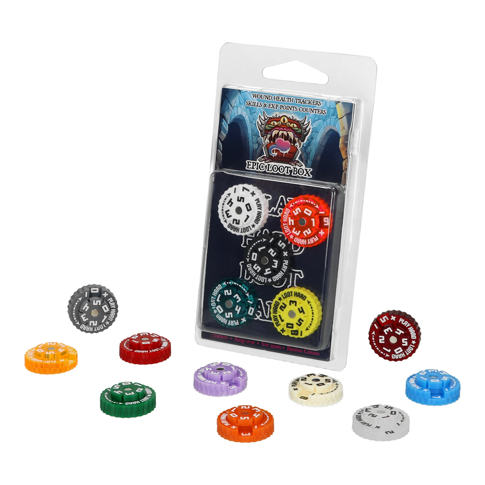 Set of colourful game pieces with packaging on a white background. Epic Loot Box Trackers & Counters 25mm 0-59 Magnetic Acrylic Gaming Counters