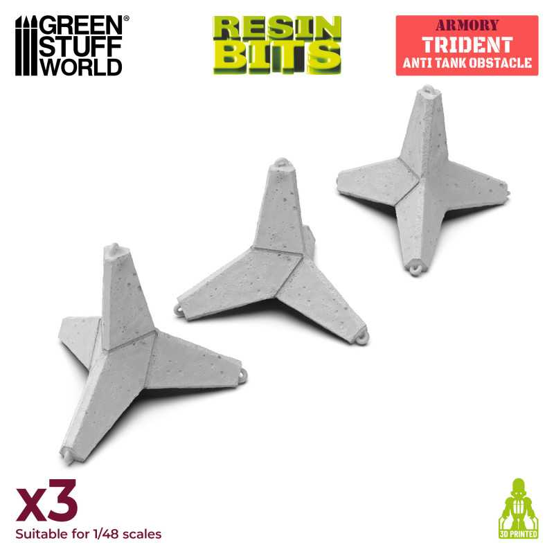 Set of 3 resin Trident Anti-Tank Obstacles by Green Stuff World, textured to mimic reinforced concrete and steel. 1:48 scale miniatures for wargaming.