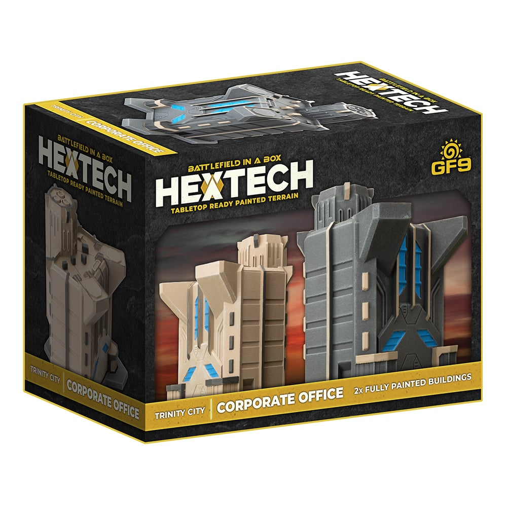 Battlefield in a Box HexTech: Trinity City – Corporate Office. Set of 2 pre-painted buildings (9.5cm) and hex bases. Compatible with sci-fi 6-10mm miniatures